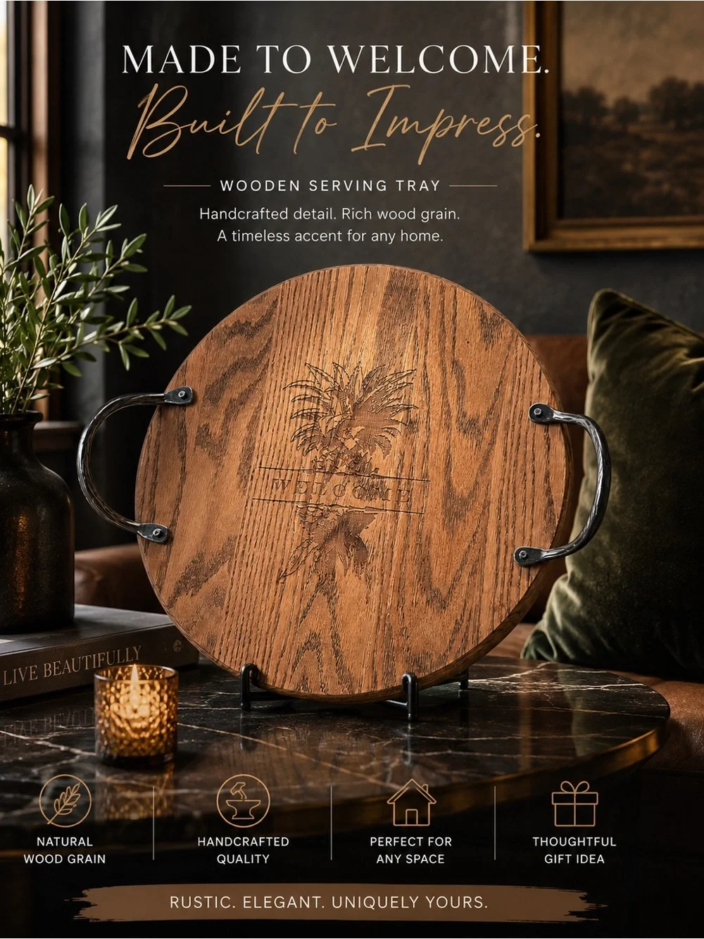 Wooden Serving Tray - Rustic Brown Round Tray with Metal Handles